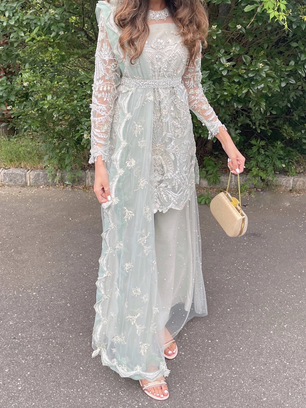 Embroidered Long Sleeve Mint Green Evening Dress